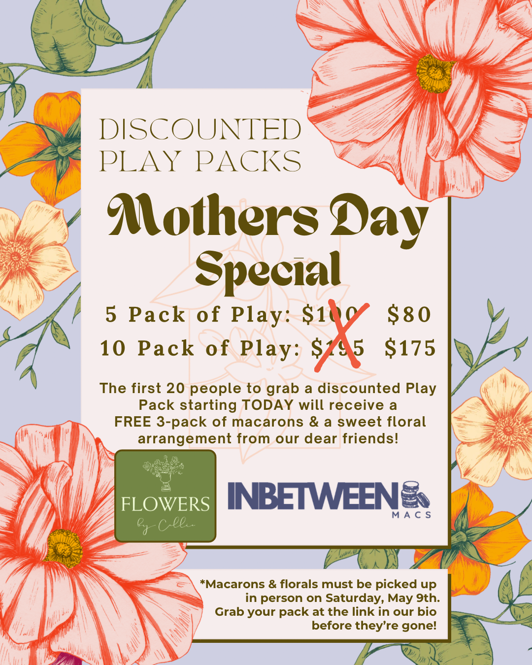 Mother's Day floral arrangement by Flowers By Callie at Burrow and Bloom Birmingham Inbetween Macs macarons with Burrow and Bloom Play Village passes